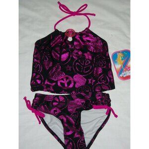 Breaking Waves Girls Tankini Pink Black Peace Swim Suit Glitter Bathing Size 4